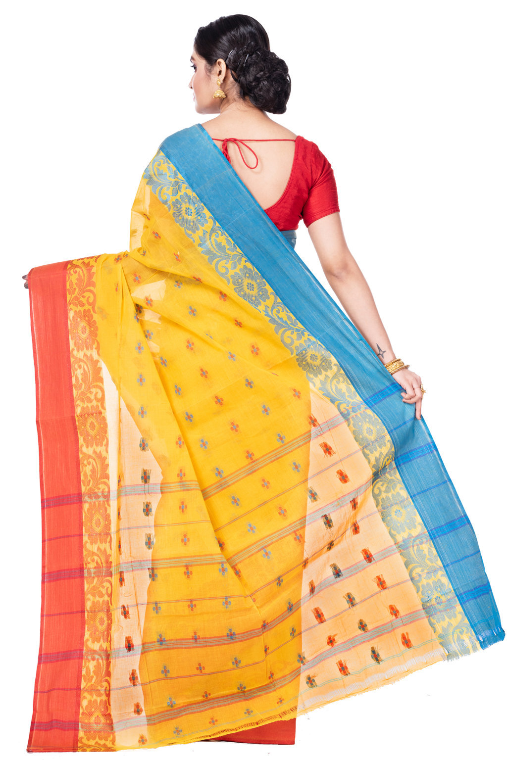 Yellow Pure Cotton Ganga Jamuna_Latapar Tant Saree (654)